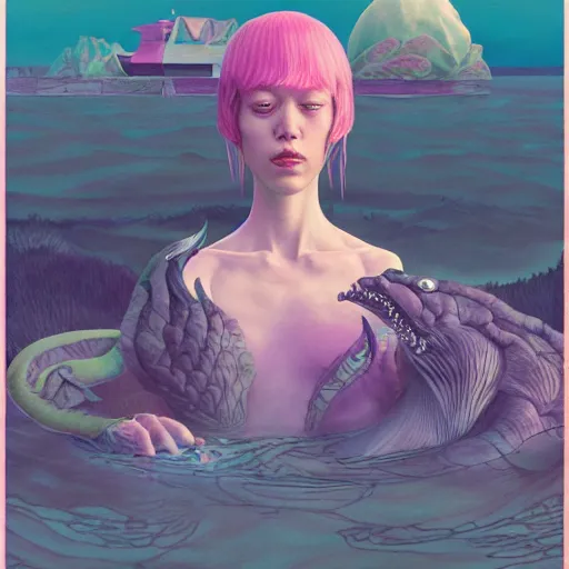 Prompt: beautiful creature coming out of a dark lagoon:: by Martine Johanna and Simon Stålenhag and Chie Yoshii :: dynamic, particulate, pastel colors, intricate, elegant, highly detailed, centered, artstation, smooth, sharp focus, octane render, 3d