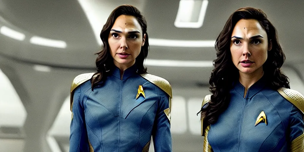 Image similar to gal gadot, in full starfleet uniform, is the captain of the starship enterprise in the new star trek movie