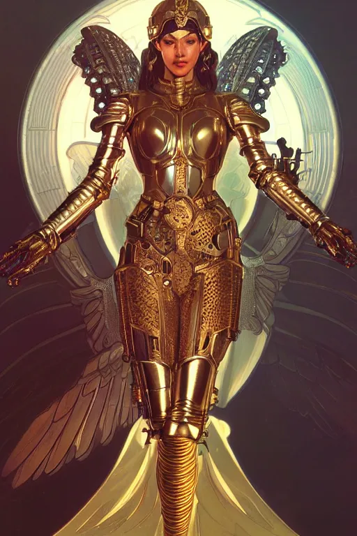 Prompt: archangel of mercy wearing detailed metallic armour with glod and jewels, intricate details, pretty face, realistic shaded Perfect face, insane action pose, steampunk, cyberpunk, highly detailed, artstation, illustration by Ilya Kuvshinov and alphonse mucha Greg Rutkowski, dynamic light, morning