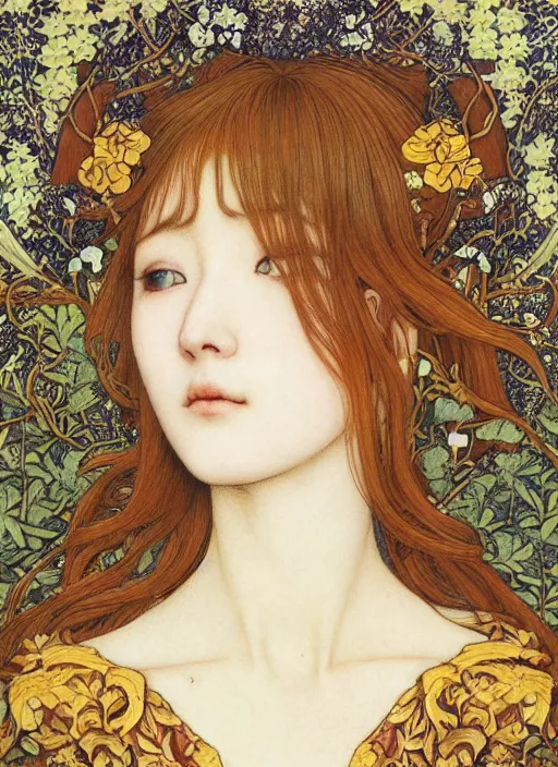 Prompt: masterpiece beautiful seductive flowing curves preraphaelite face portrait photography, miho hirano, extreme close up shot, straight bangs, thick set features, yellow ochre ornate medieval dress, amongst foliage mushroom forest circle arch, william morris and kilian eng and mucha, framed, 4 k