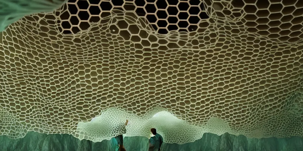 Image similar to biomorphic honeycomb structures by ernesto neto, light - mint with light - pink color, 4 k, insanely quality, highly detailed, film still from the movie directed by denis villeneuve with art direction by zdzisław beksinski, telephoto lens, shallow depth of field