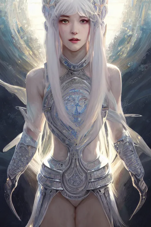 Image similar to portrait white hair knights of Zodiac girl, Sliver ice color reflected armor, in ruined Agora of Athens Sunrise, ssci-fi and fantasy, intricate and very very beautiful and elegant, highly detailed, digital painting, artstation, concept art, smooth and sharp focus, illustration, art by tian zi and WLOP and alphonse mucha