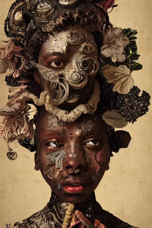 Prompt: Detailed maximalist portrait with dark skin, with large lips and with large white eyes, exasperated expression, HD mixed media, 3D collage, highly detailed and intricate, surreal illustration in the style of Caravaggio, dark art, baroque