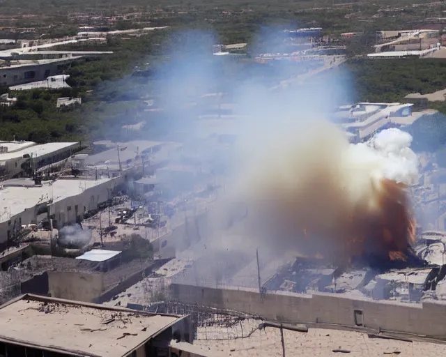 Image similar to birds eye view of el chapo exploding out of prison in deep meditation. there is smoke and fire everywhere. clear sunny day.