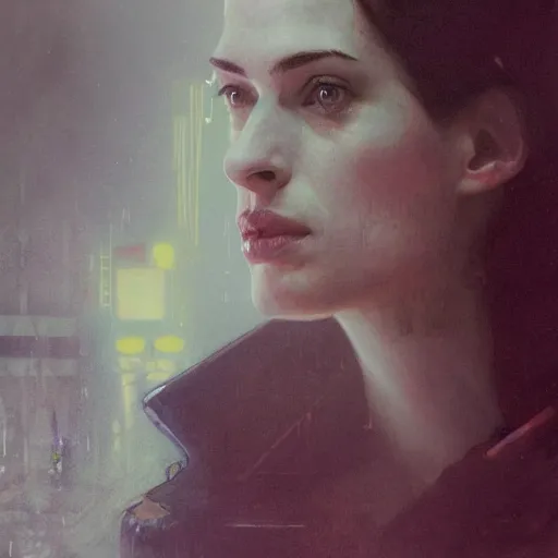 Image similar to anna hathaway, hyperrealistic portrait, bladerunner street, art of elysium by jeremy mann and alphonse mucha, fantasy art, photo realistic, dynamic lighting, artstation, poster, volumetric lighting, very detailed face, 4 k, award winning, trending in artstation, cinematic lighting, studio quality