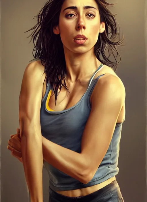 Image similar to full length photo of a suffering Oona Chaplin in a tanktop in the style of stefan kostic, not realistic, sharp focus, 8k high definition, insanely detailed, intricate, elegant, art by stanley lau and artgerm