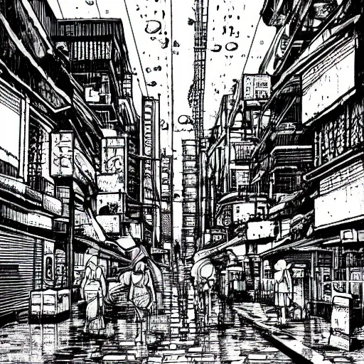 Image similar to manga illustration of poor cyberpunk city, rainy weather, highly detailed