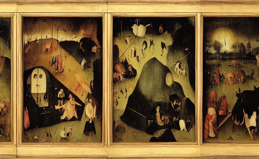 Image similar to The Haywain Triptych is a panel painting by Hieronymus Bosch
