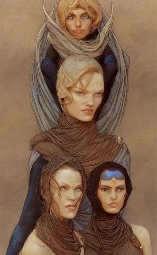 Image similar to beautiful female fremen on dune, by edgar maxence artgerm ross tran and michael whelan and gustav klimpt