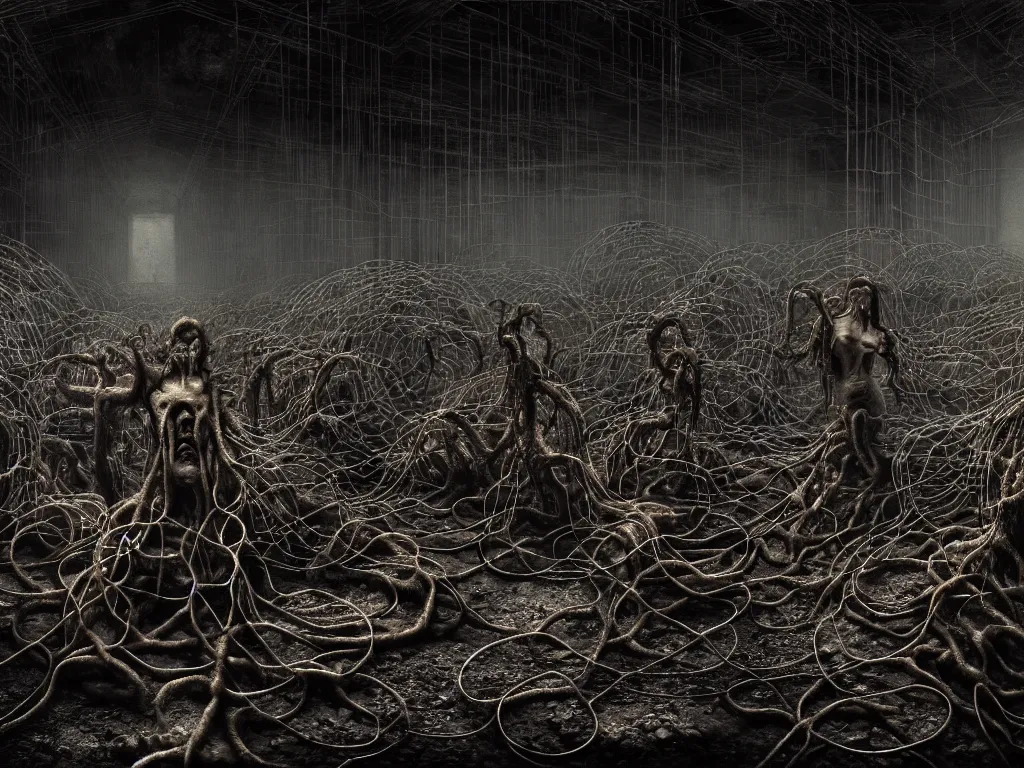 Image similar to portrait of abandoned ribbed organic satanistic ritual scene, crowd of people, covered with wires, spines, roots, ash, mold, baroque painting, standing in a desolate empty wasteland, creepy, nightmare, dream-like heavy atmosphere, dark fog, surreal abandoned buildings, baroque painting, beautiful detailed intricate insanely detailed octane render trending on Artstation, 8K artistic photography, photorealistic, volumetric cinematic light, chiaroscuro, zoomed out, fisheye, Raphael, Caravaggio, Beksinski, Giger