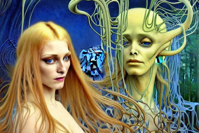 Image similar to realistic detailed portrait painting of a beautiful ghost woman with blond hair with an alien, futuristic sci-fi forest on background by Jean Delville, Amano, Yves Tanguy, Alphonse Mucha, Edward Robert Hughes, Roger Dean, rich moody colours, blue eyes