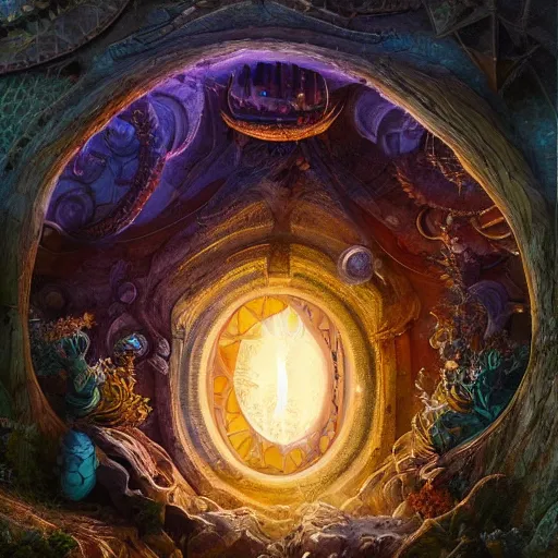 Image similar to highly detailed, intricate beautifully stunning elemental Kinocorium in the middle of a keyhole portal overlooking the cosmic Succularium by Andrei Riabovitchev, Shaun Tan and Peter Mohrbacher. stunning atmosphere, fiery prismatic nebula