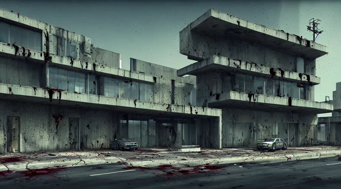 Prompt: post apocalyptic police station, building, avenue, extremely detailed, modern architecture, contemporary architecture, americana architecture, concrete architecture, tar roads, by shaddy safadi, neil blevins, trending on artstation, high quality, photorealistic, wild vegetation, blood stains on walls, 4 k resolution blade runner