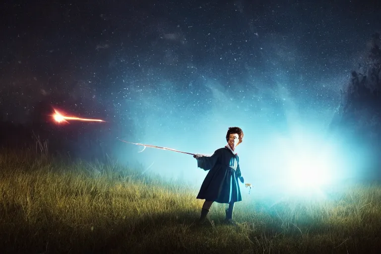 Image similar to a young wizard points their wand, a blast of bright magic flies from the end of the wand, on an empty moonlit moor, dramatic lighting, lens flare, cinematic photography