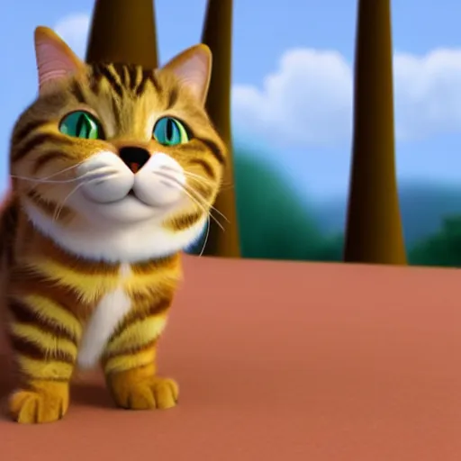 Prompt: pixar movie, brown tabby cat, 3 d, cute pixar _ tabby _ cat in a forest