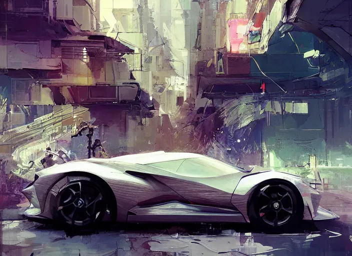 Prompt: sport car in a future city, on the street. style by simon bisley, ismail inceoglu, wadim kashin, filip hodas, benedick bana, and andrew atroshenko.