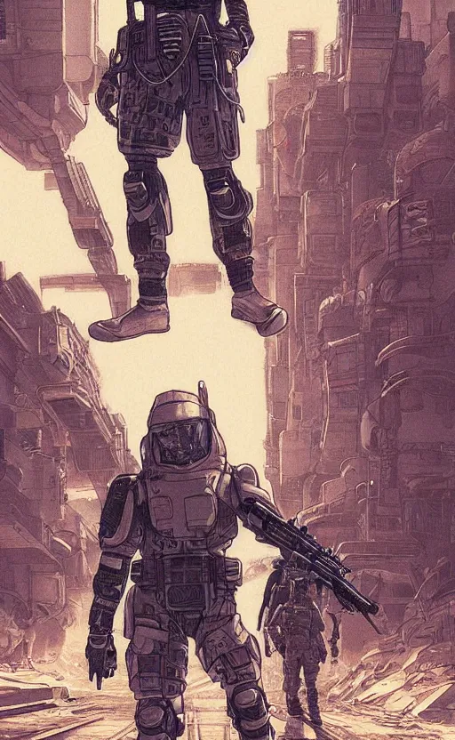 Image similar to a cyberpunk soldier with tactical gear and a rifle patrols a Japanese city on mars, Industrial Scifi, detailed illustration, character portrait, by Martin Grip and Moebius