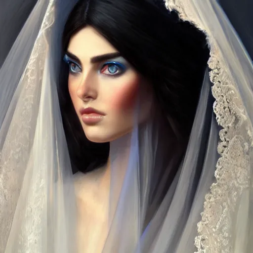 Prompt: ameera al taweel, crystal blue eyes, long wavy black hair, white veil, front closeup, cinnamon #b57e59 skin color, highly detailed, centered, oil painting, artstation, concept art by tom bagshaw