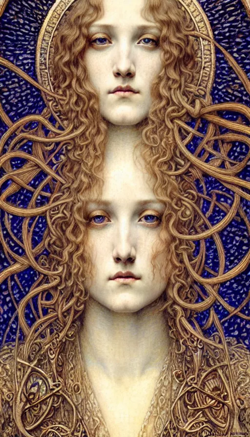 Image similar to detailed realistic beautiful young medieval queen face portrait by jean delville, gustave dore and marco mazzoni, art nouveau, symbolist, visionary, gothic, pre - raphaelite. horizontal symmetry