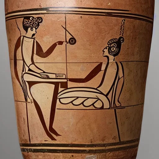 Image similar to photo of an anceint greek vase depicting a man playing games on his computer with his back hunched, 4 k, award winning photograph, ancient greek vase, museum photograph, highly detailed