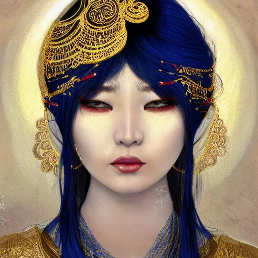 Image similar to painting of junoesque plus size mongolian priestess of the moon, golden filigree armor and tiara, moon above head, dark blue straight hair, smooth translucent skin, wide striking eyes, beautiful! coherent! by brom, by brian froud, strong line, high contrast, muted color, 4 k, trending on artstation