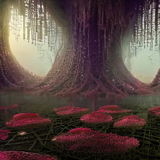 Prompt: biocomputer organs inside a bioneural antique lace in a biomechanical forest with biocomputer flowers, epic environment, matte painting, diffused lighting, highly detailed cinematic, epic atmosphere, diffused lighting, highly detailed digital art, trending on artstation, depth of field, wide angle