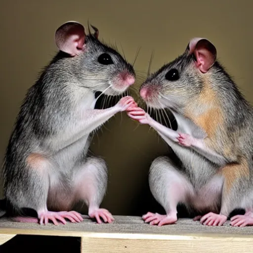 Image similar to two rats. Armwrestling. Detailed photo.