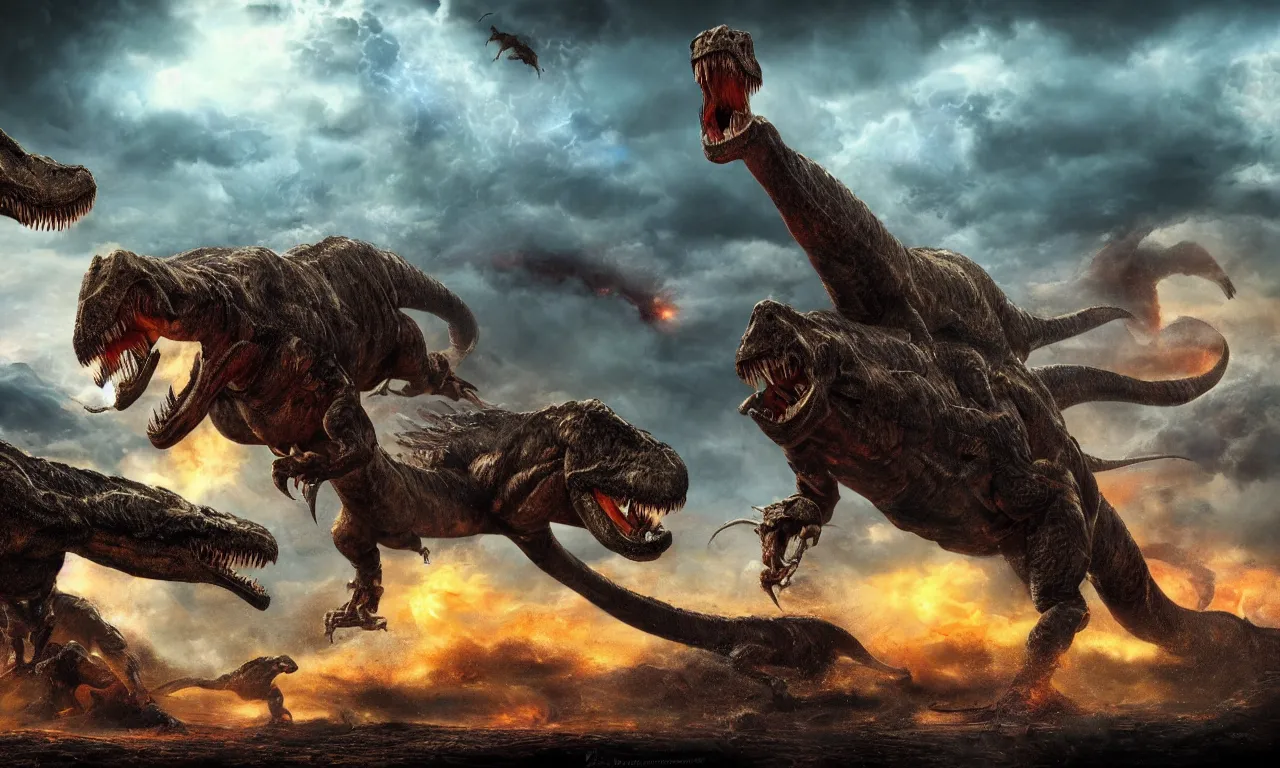 Image similar to ! dream prehistoric alien yajuta predator battling a tyrannosaurus, dinosaur slayer, volcanic landscape, storm clouds, epic cinematic matte painting,