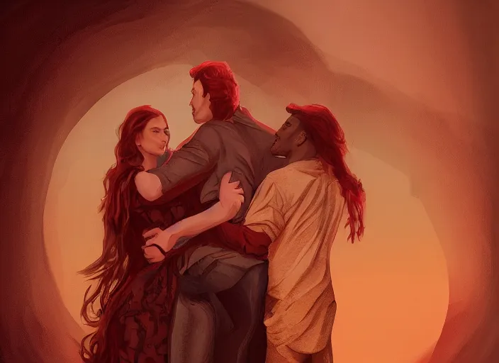 Image similar to couple, man and woman in pose of couple vol 2 photo reference pack for artists, spirit hugs, gold trim, atmoshperic, elegant, sharp focus, red sun, huge lips, poses by satine zillah, environment by hw 6 5 2 3, art by ilya ozornin, artstation, intricate details, concept art