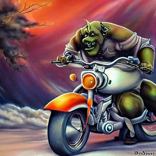 Prompt: soft airbrush art of an orc driving a motorcycle