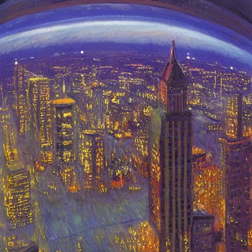 Image similar to impressionistic full - color painting of a distorted mirror reflecting a nightmarish aerial view of boston downtown skyline in 1 9 2 5 at night with a horrifying sky, aerial view, dark, brooding, night, atmospheric, horror, cosmic, ultra - realistic, smooth, highly detailed by dave dorman