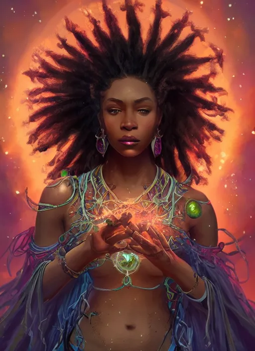 Image similar to beautiful black woman casting magical spells with powerful crystals, beaded dreadlocks and kemetic imagery, digital painting artstation, concept art, matte, sharp focus, illustration, dramatic exploding nebulae, hearthstone, art by artgerm and greg rutkowski and alphonse mucha