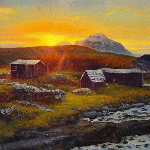 Image similar to overgrown norwegian village at the coast, sunset, arctic, beautiful, oil painting