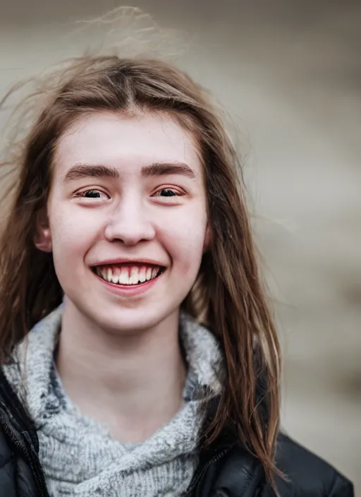 Prompt: Mid-shot portrait of a beautiful 20-year-old woman from Iceland, smile, candid street portrait in the style of Martin Schoeller award winning, Sony a7R