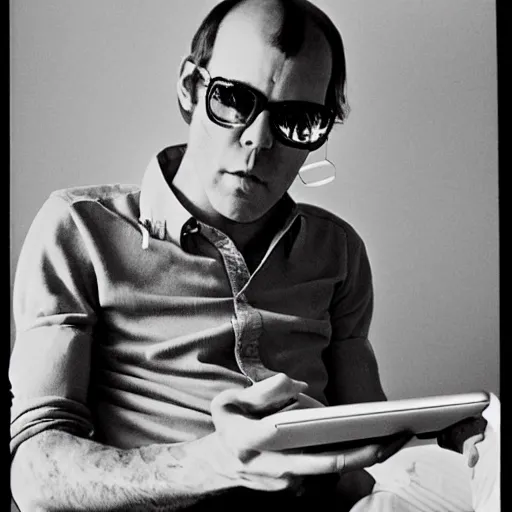 Image similar to 1 9 7 0 s vintage photograph of hunter s. thompson using an ipad, very detailed, very intricate,