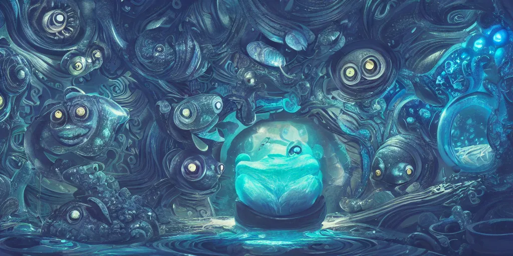 Image similar to of an intricate deep sea with strange cute friendly happy creatures with huge eyes, long tongue, round teeth and goofy funny face, appearing from the background, in the style of gehry and gaudi, macro lens, shallow depth of field, ultra detailed, digital painting, trending artstation, concept art, illustration, cinematic lighting, photorealism, epic, octane render