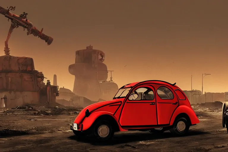 Image similar to red and black citroen 2 cv ( 1 9 6 5 ) driving across the wastelands of fallout 4, dramatic lighting, establishing shot, by simon stalenhag