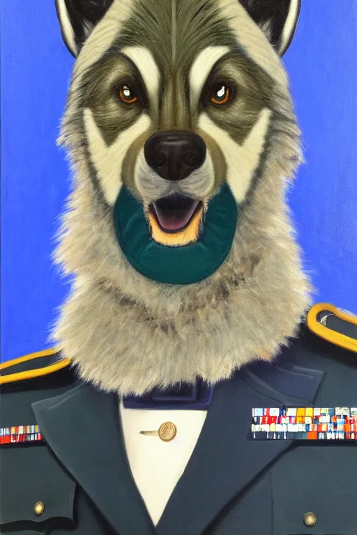 Image similar to facial portrait of the dictator of the minnesota timberwolves, 1 8 8 9, in full military garb, midnight blue, aurora green, lake blue, moonlight grey, kevin garnett, oil on canvas by william sidney mount, trending on artstation