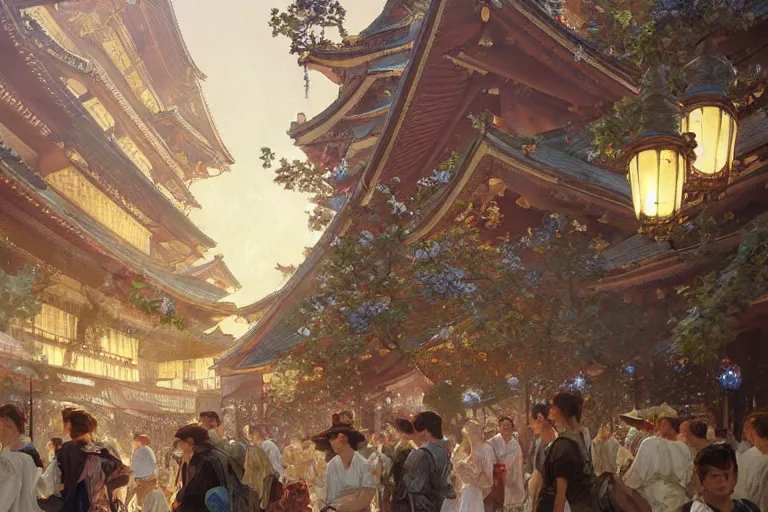 Image similar to a beautiful realistic painting of osaka castle festival, intricate, elegant, highly detailed, digital painting, artstation, concept art, by krenz cushart and artem demura and alphonse mucha