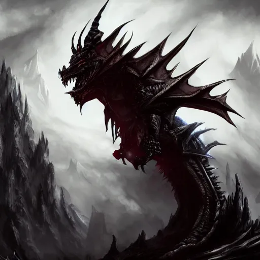 Image similar to dark fantasy concept of a vampire dragon god, with dark matter and molten armor on a mountain, cinematic, dynamic lighting, photorealistic, ultra detailed, trending on art station, stunning visuals, creative, hyper detailed