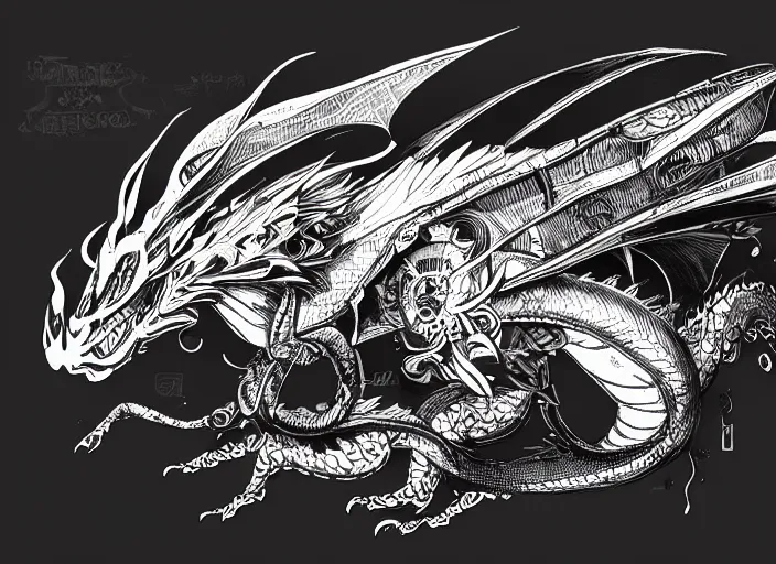 Prompt: black micron pen illustration, dragon with steam punk apparatus on its side, concept art, white background, artstation