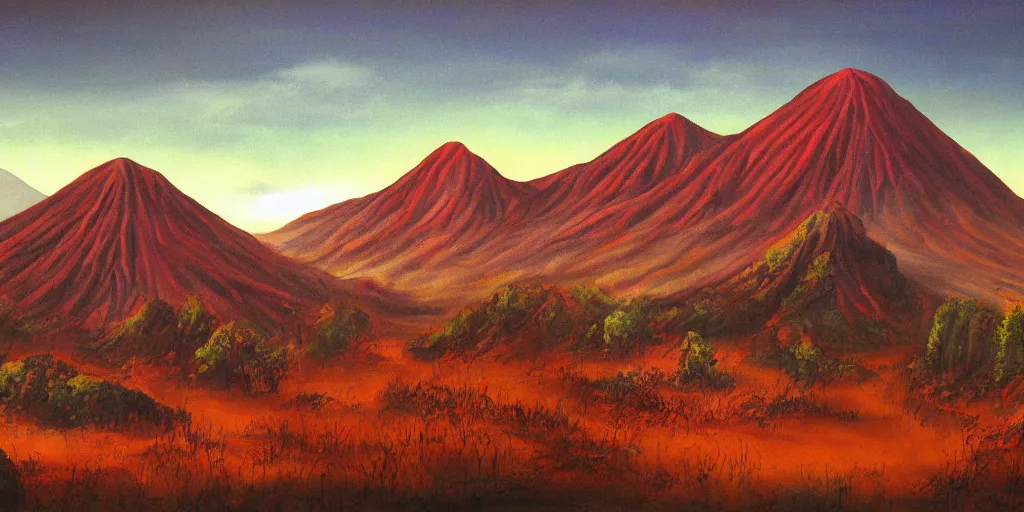 Prompt: a painting of red mountain, Morrowind, Hudson River Art