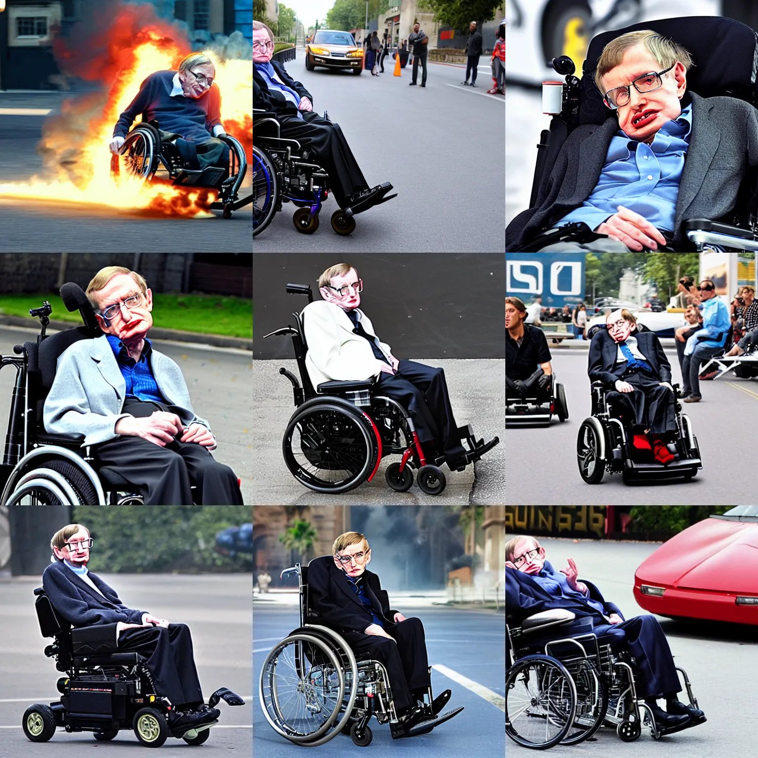 Prompt: Stephen Hawking in a rocket wheelchair street race explosions Fast and the Furious movie cinematic IMAX