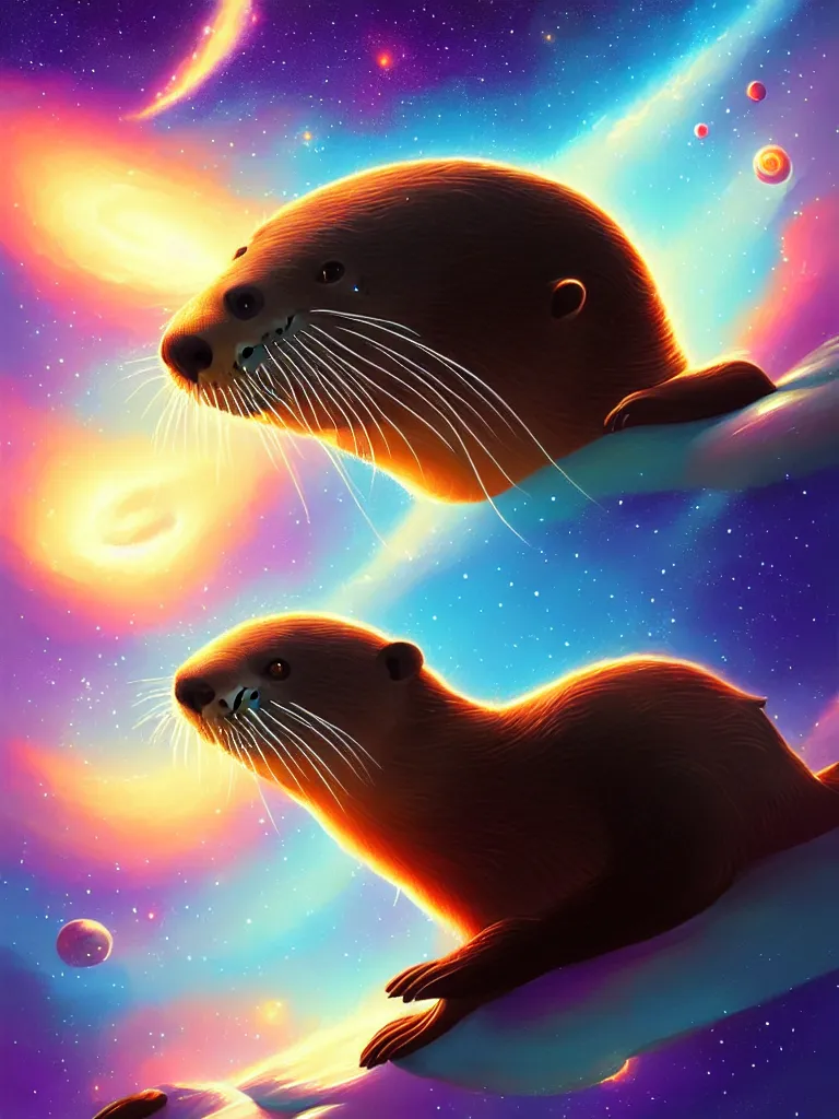 Prompt: a portrait of an otter swimming through the galaxy, detailed, digital painting, artstation, concept art, art by rhads, art by miyazaki