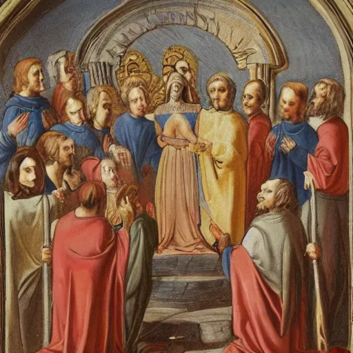 Prompt: Petelgeuse Romanee-Conti holding the Gospel ecstatically with both hands in front of an entourage of Witch cultists bowing their heads towards their master