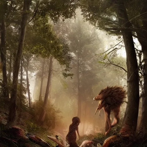 Image similar to cinematic shot our ancestors hunting an animal in the forest while there is rain and stars in the air digital painting, artstation, concept art, soft light, hdri, smooth, sharp focus, illustration, fantasy, intricate, elegant, highly detailed, D&D, matte painting, in the style of Greg Rutkowski and Alphonse Mucha and artemisia, 8k, highly detailed, jurgens, rutkowski, bouguereau, pastoral, rustic, georgic