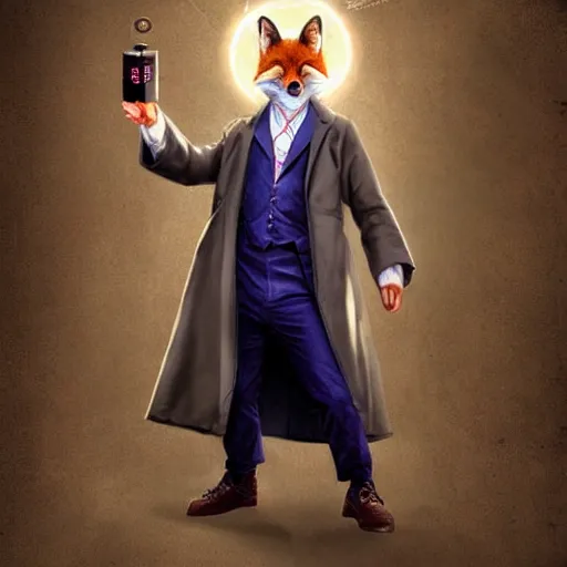 Prompt: fox in a lab coat, casting a spell, trending on artstation, 10th doctor who