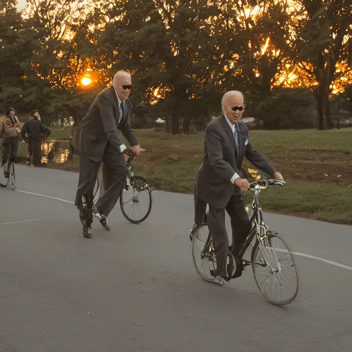 Prompt: joe biden!! falling off bike while stopping on a bike path, it is sunset and there are hundreds of ducks in the backgroud, canon eos c 3 0 0, ƒ 1. 8, 3 5 mm, 8 k, medium - format print