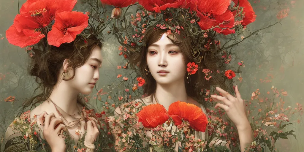 Image similar to breathtaking detailed concept art painting of the goddess of poppy flowers, orthodox saint, with anxious, piercing eyes, ornate background, amalgamation of leaves and flowers, by hsiao - ron cheng, extremely moody lighting, 8 k