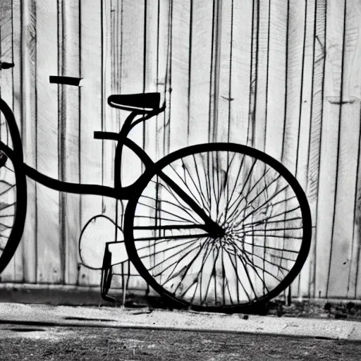 Image similar to a bicycle leaning on a fence, hyper realistic black and white drawing, 4k,